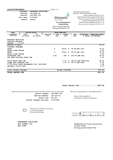 USA Minnesota Minneapolis City of Lakes business utility bill template in Word and PDF formats